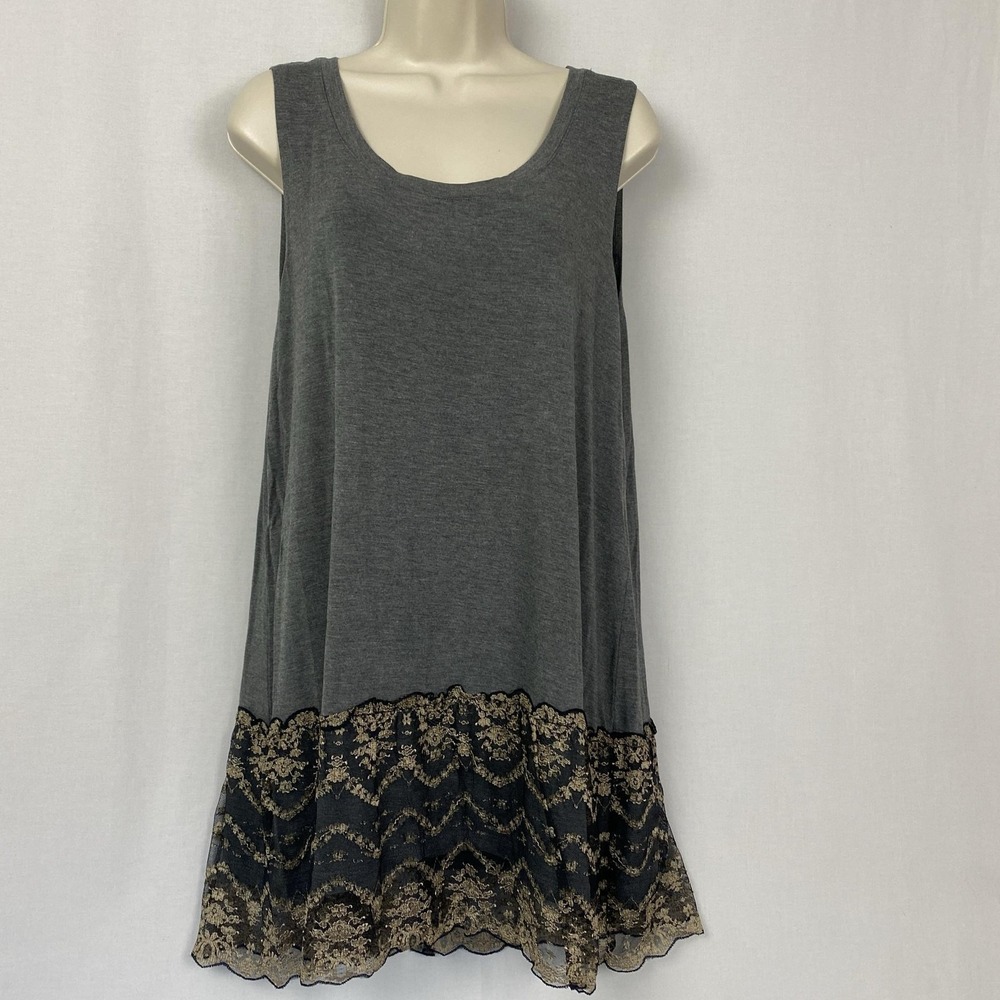 LOGO Lori Goldstein Lace Hem Tank Top Large Gray Tunic Boho Romantic Whimsigoth